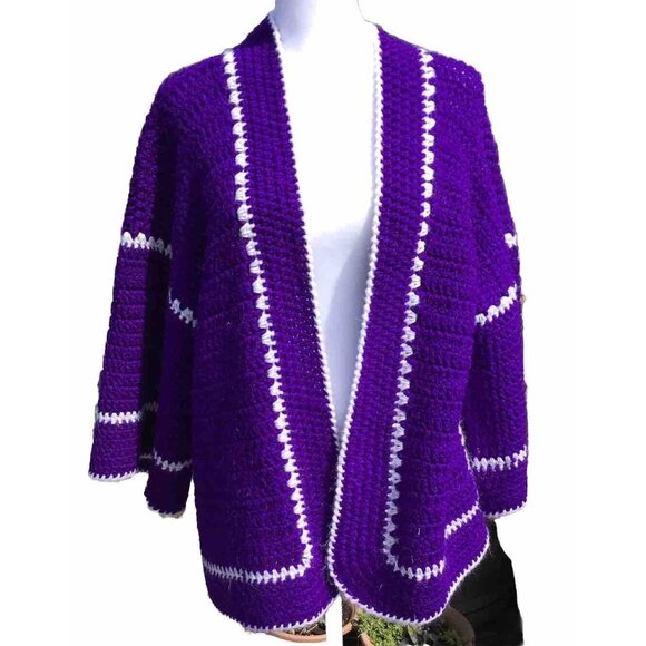 Vtg Crochet Jacket Handmade Granny Sq Cardigan Coatigan CottageCore Boho OOAK - Picture 1 of 16